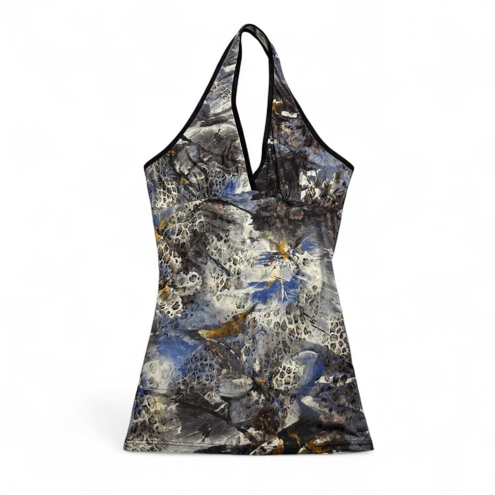Y2K abstract floral print halter top black trim fitted snatching fit size Medium